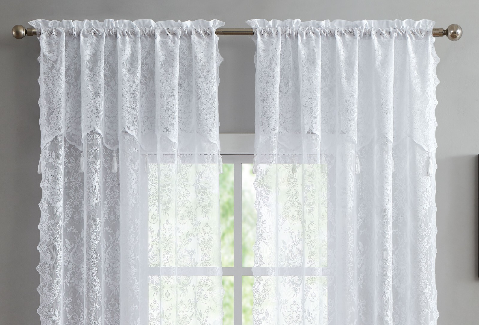WARM HOME DESIGNS Pair of 2 Sheer Lace Curtains with Attached Valances & Tassels