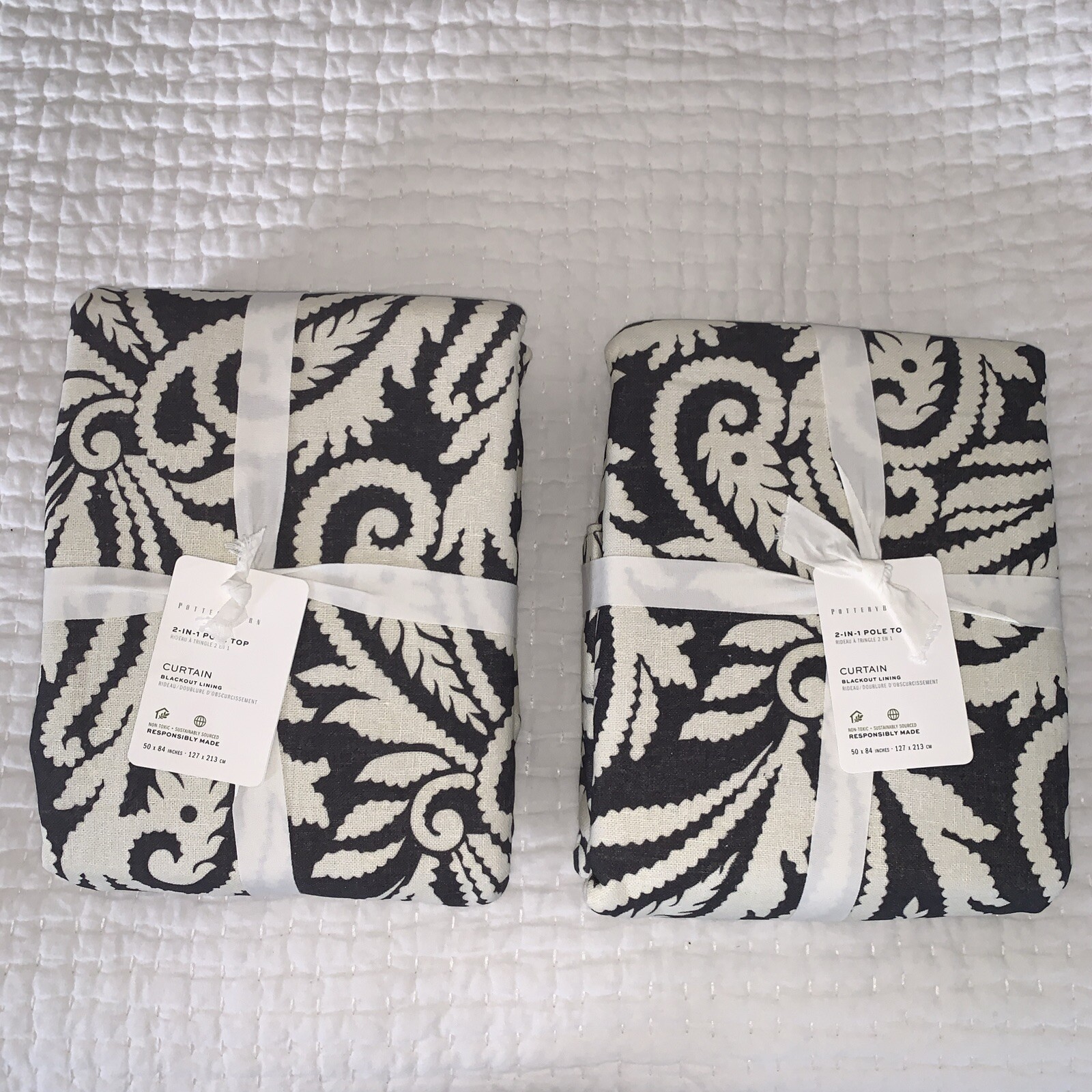 2 Pottery Barn Wynnfield Paisley Blackout Curtain Panels Black 50x 84 Linen