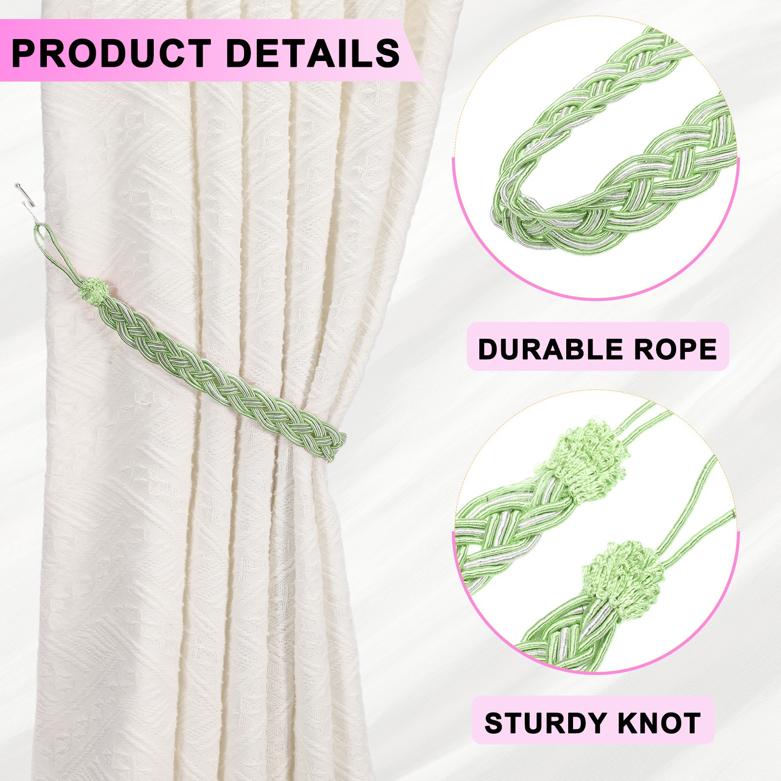 4Pcs Curtain Tiebacks 56cm/22″ Braided Drapery Holdback Pale Green