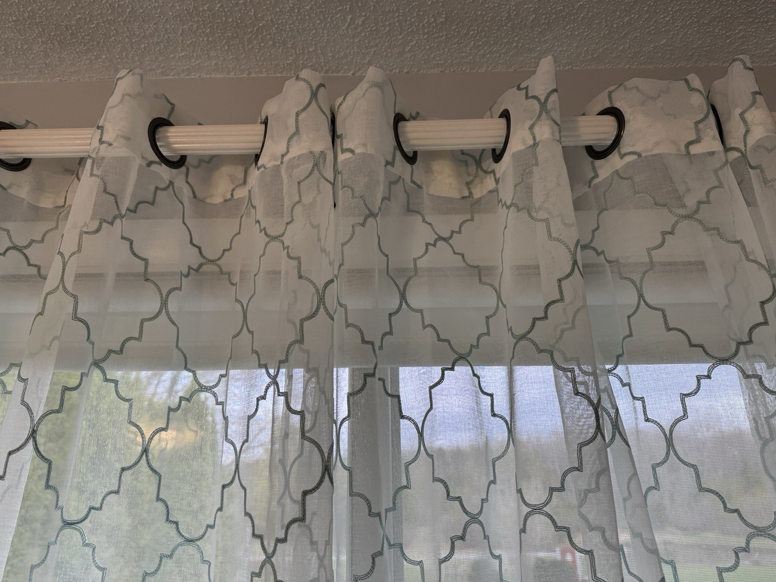 Sonoma 4 Sheer Window Curtain Panels Fret Embroidery White Green 84″ Long