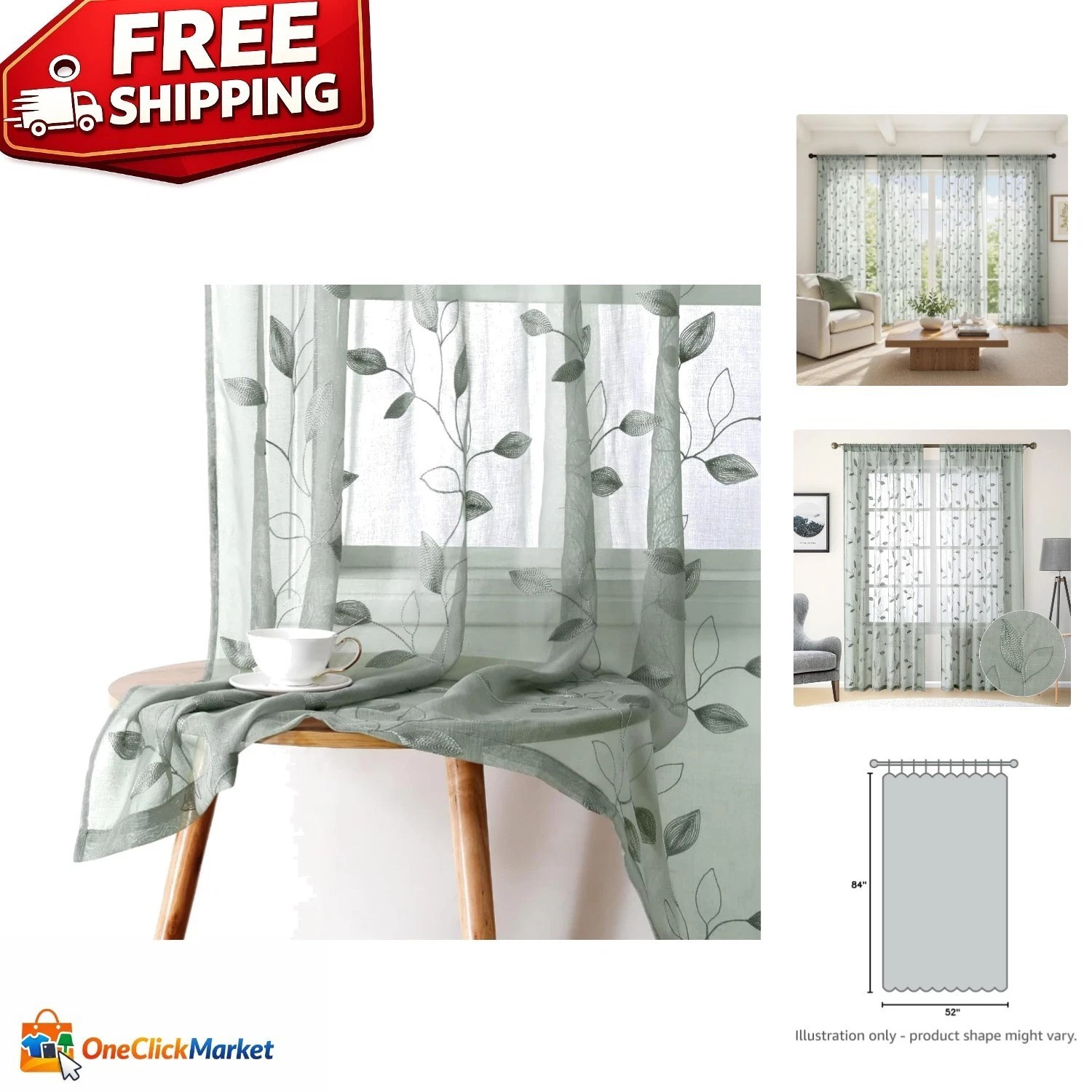 Sage Green Floral Sheer Curtains – 52×84 In, 2 Panels for Elegant Living Spaces