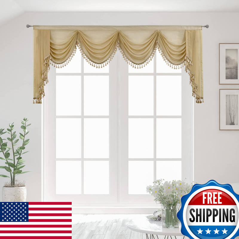 Oyring Beige Sheer Window Curtains Valance For Living Room Waterfall Swag