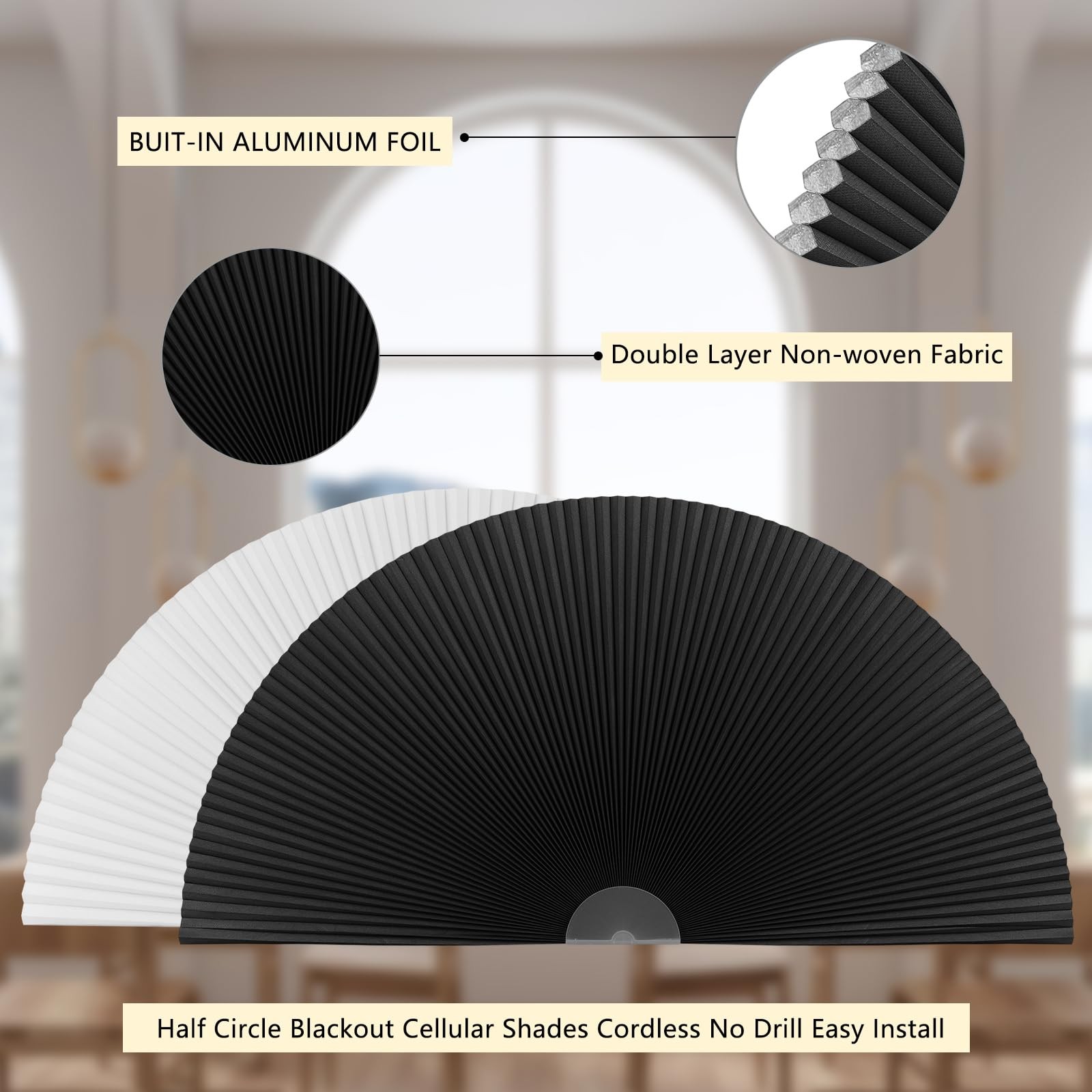 Arch Window Shade Blackout Cellular Shades Half Circle 24″W x 12″H, Black