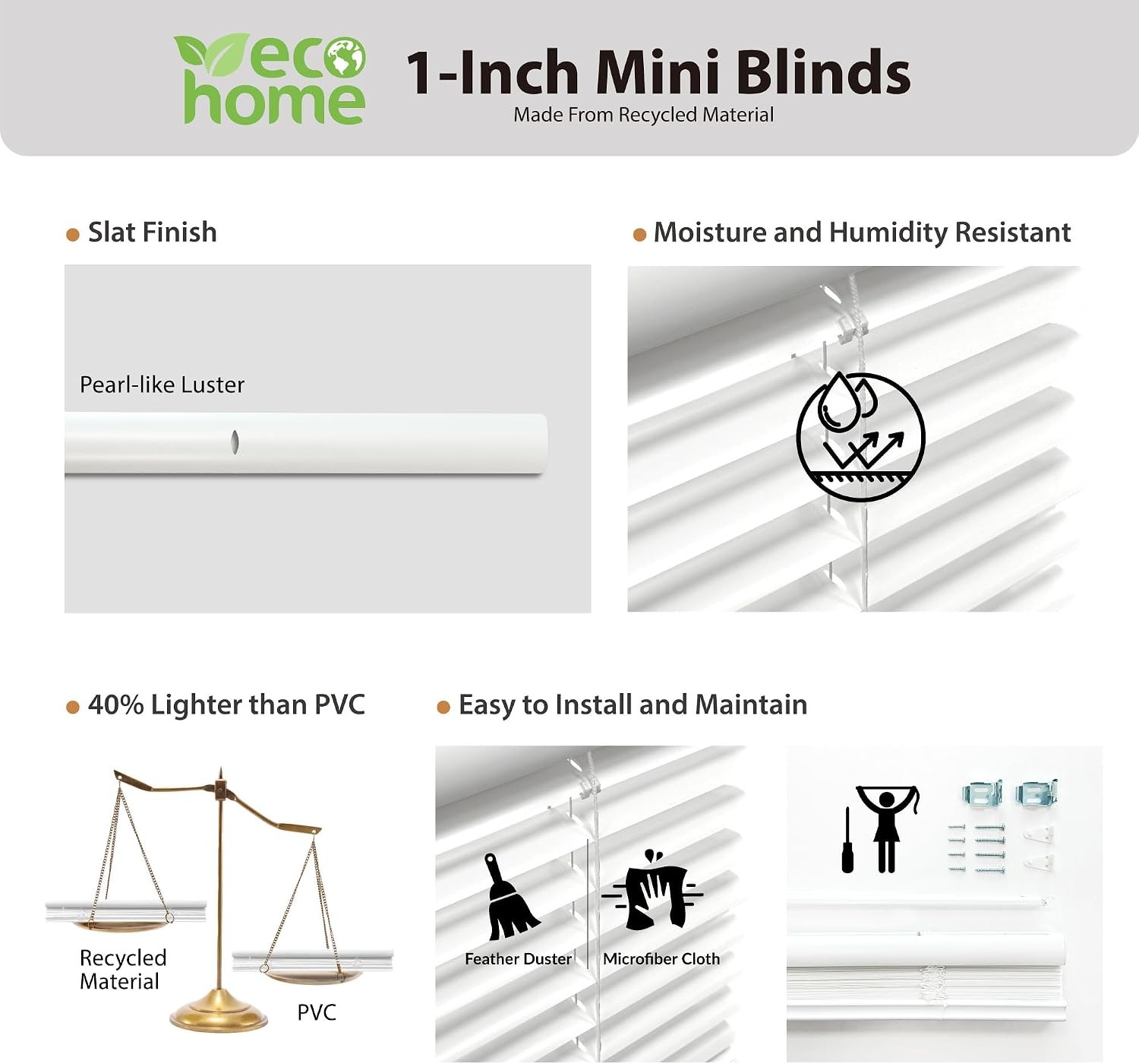 Cordless 1″ Mini Blind with Flexible Slats, 52″ W x 64″ H, Pearl White