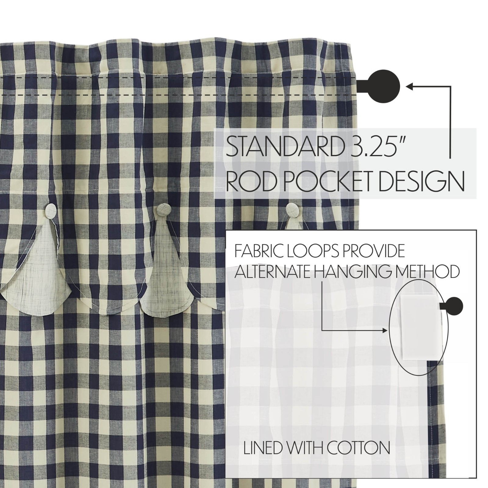 My Country Navy Khaki Check W/Valance Lined Country Home Window Panels 2 Sizes