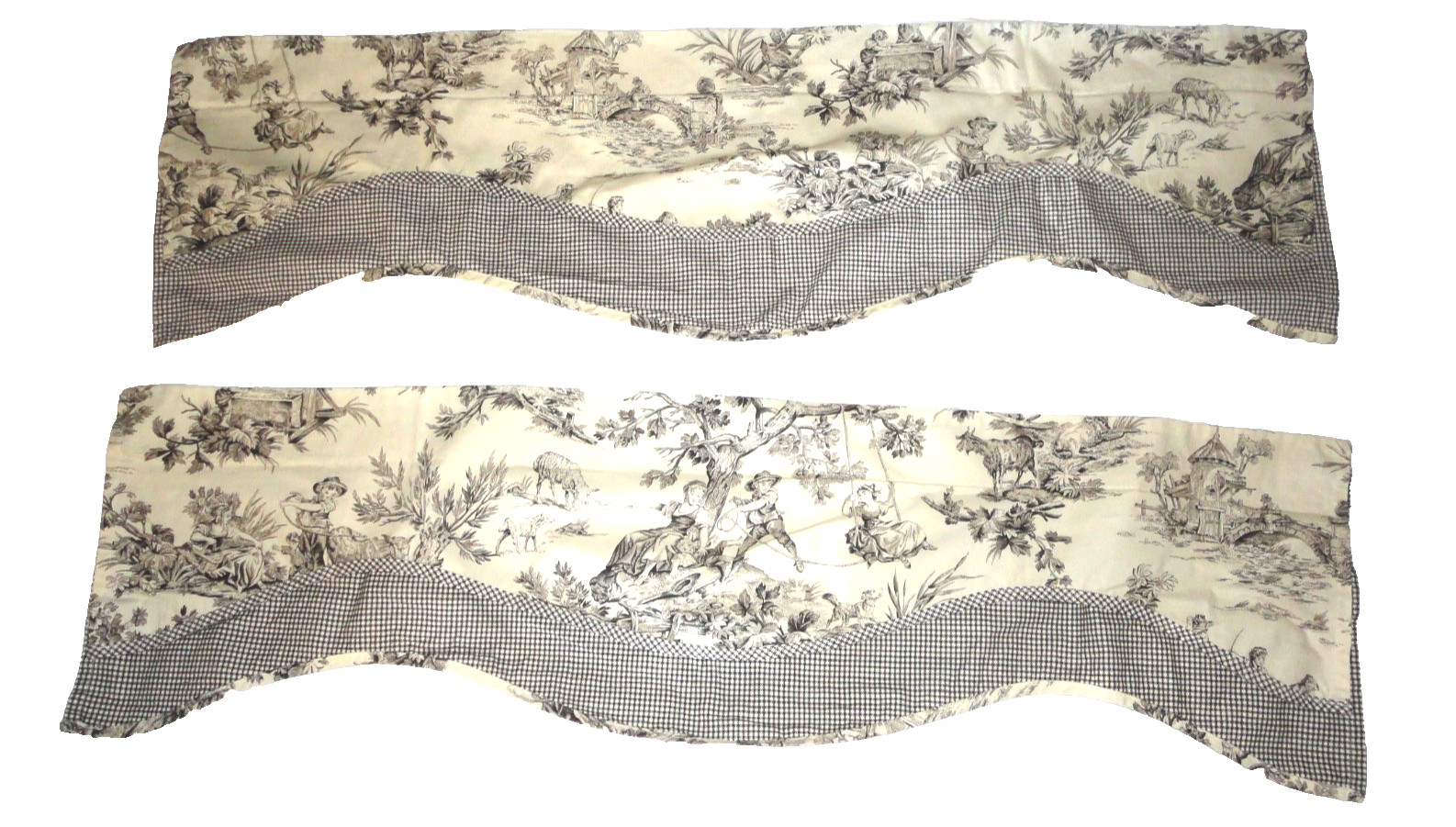 WAVERLY COUNTRY TOILE BROWN CREAM GINGHAM SWINGS MULES (2) VALANCES 14X50