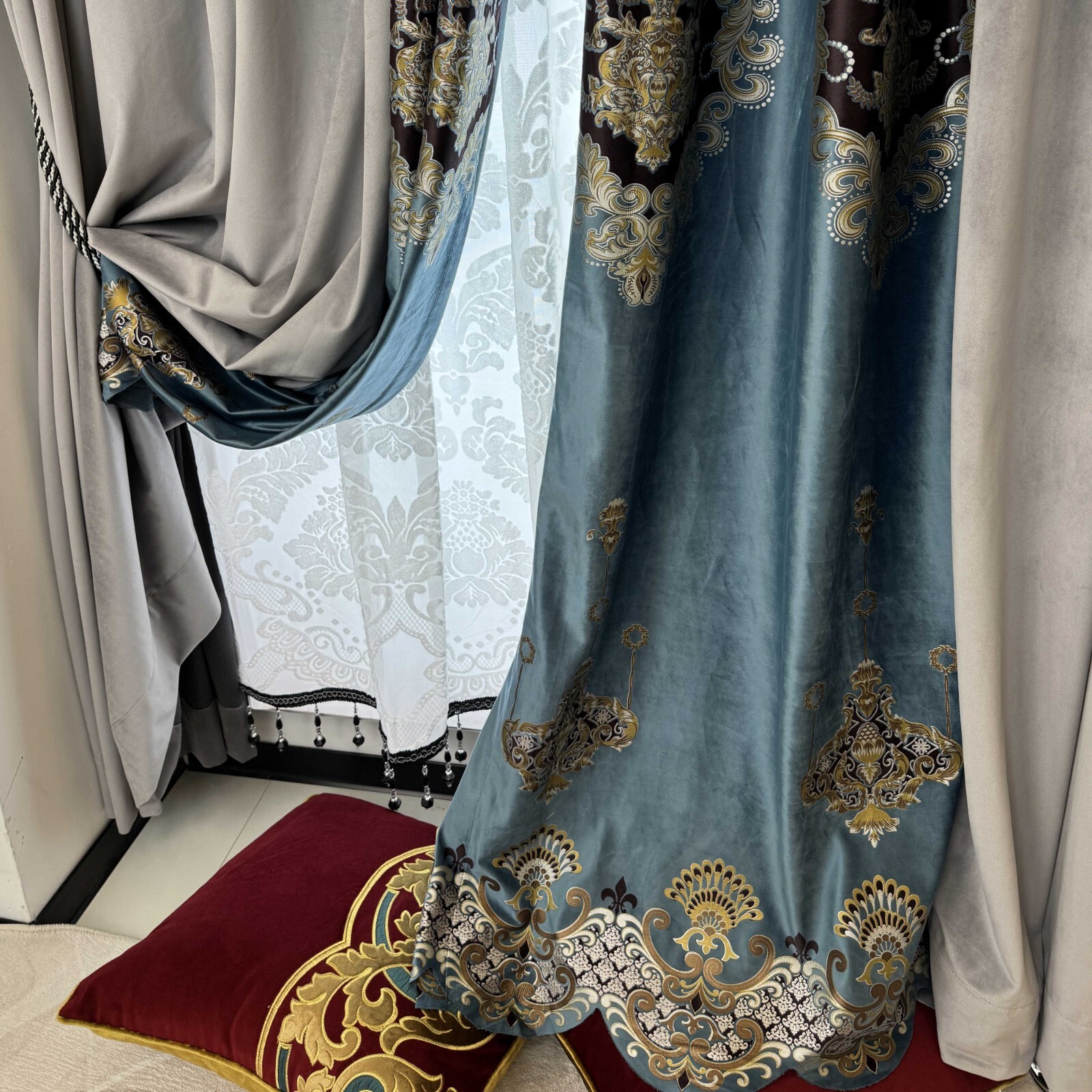European elegant velvet splicing grey thick cloth curtain valance drape C2145