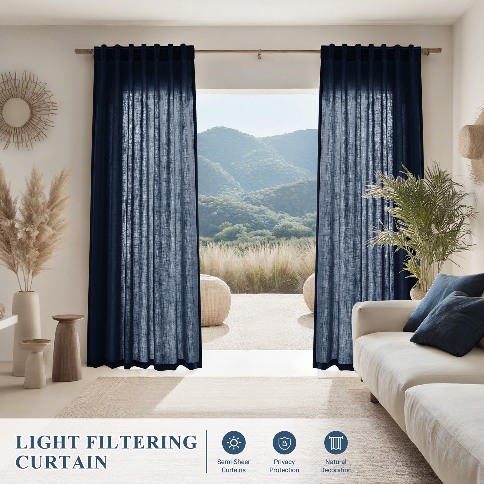 Navy Blue Back Tab Rod Pocket Linen Curtains 96 Inches Long 2 Panels for Livi…