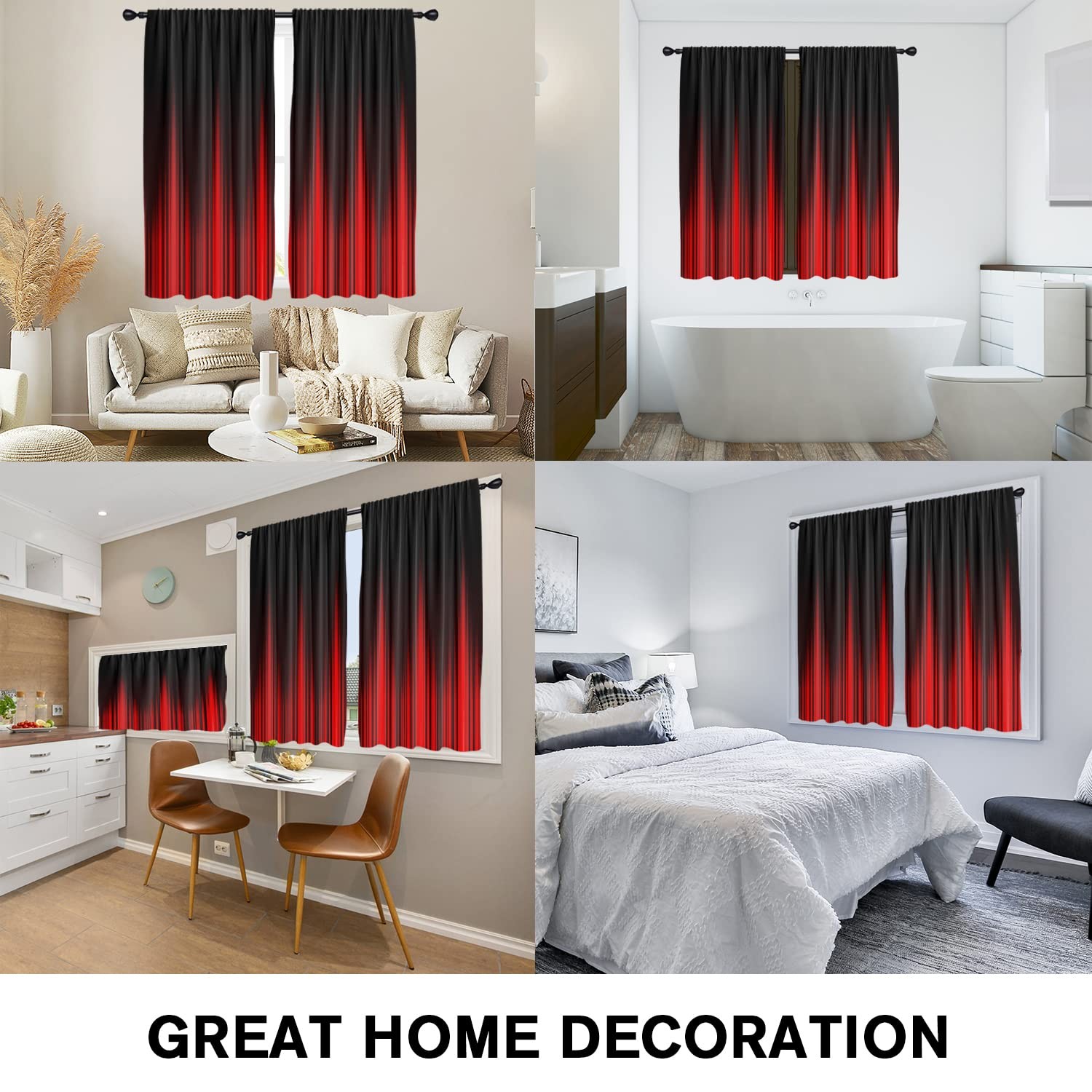 Red and Black Window Curtains for Bedroom 42 x 63 Inch Rod Pocket Ombre Anime…