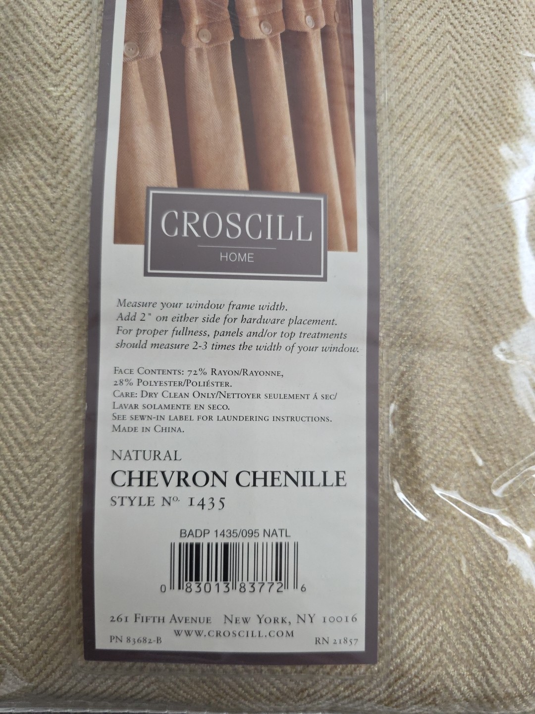 Croscill Button Drape Curtain Panel Chevron Chenille Natural Color 44″ W x 95″ L