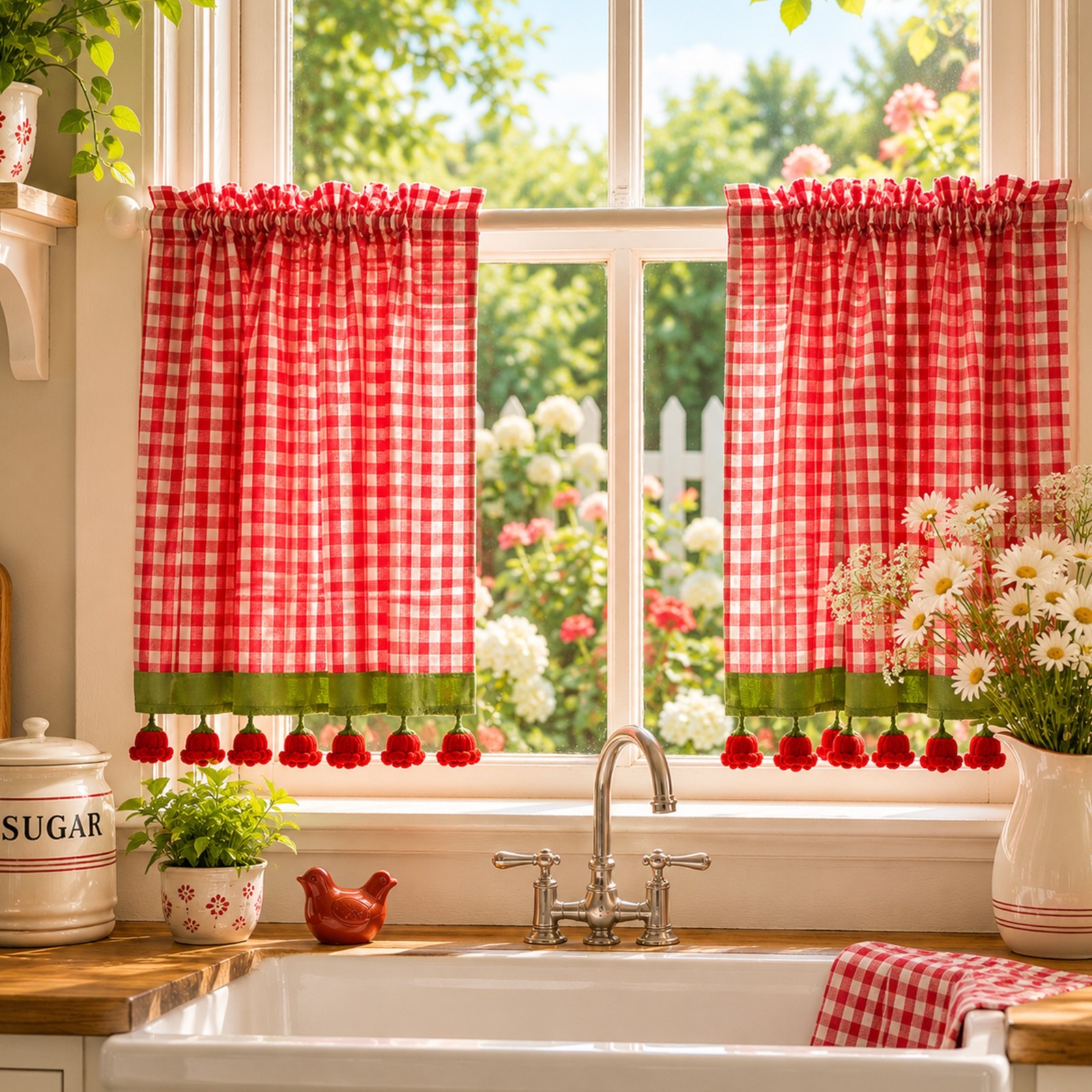 Gingham Kitchen Curtains Farmhouse Cafe Curtains Check Window, Flower Crochet