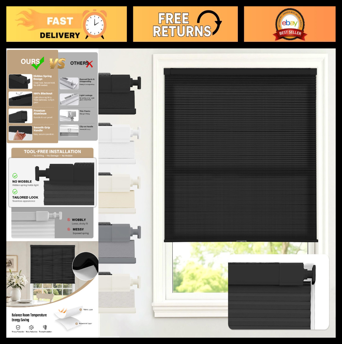 34×48 No Drill Cordless Light Filtering Cellular Shade – Black Window Covering