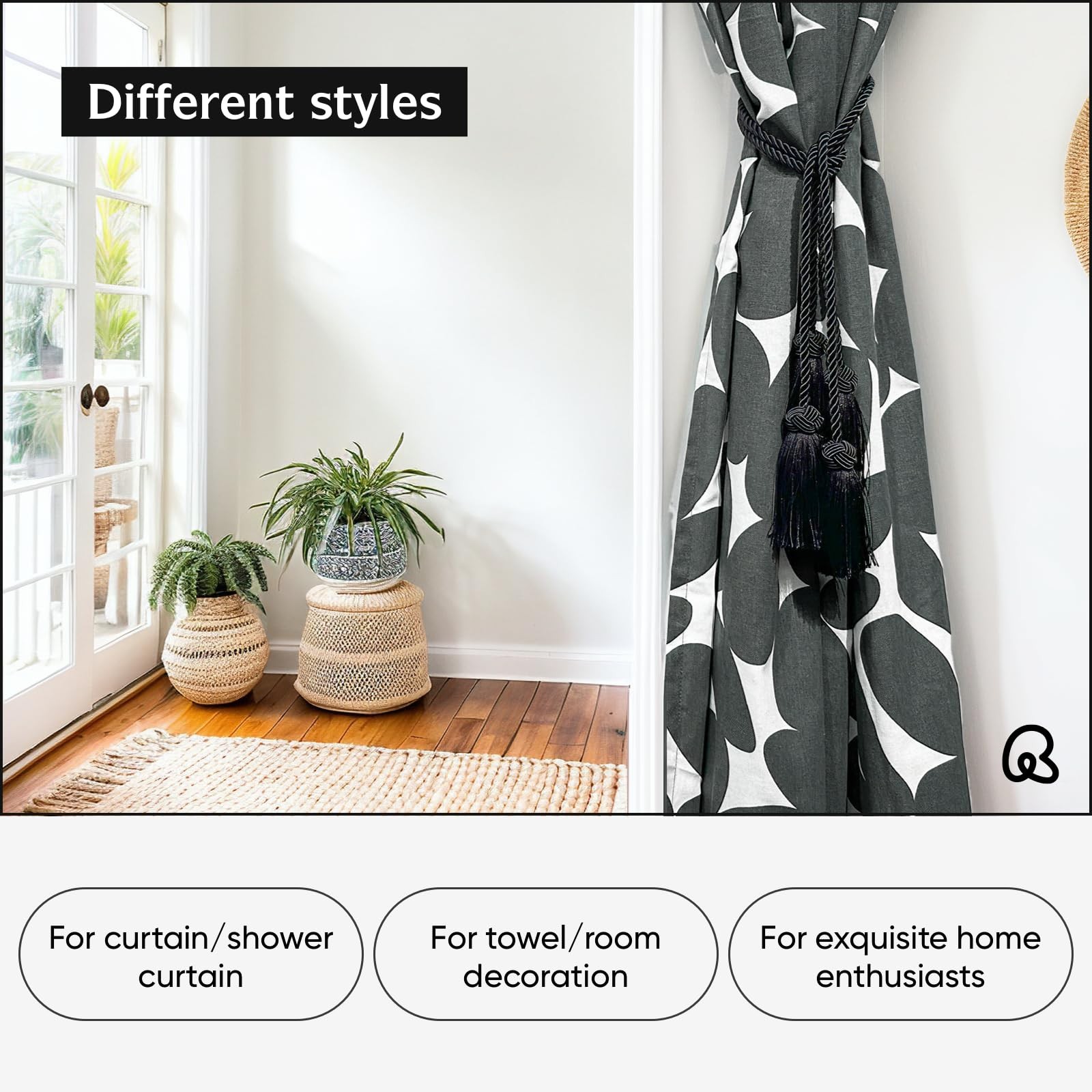 2 Pack Curtain Tiebacks Curtains Tie Back with Tassels- 2 Pack, Black
