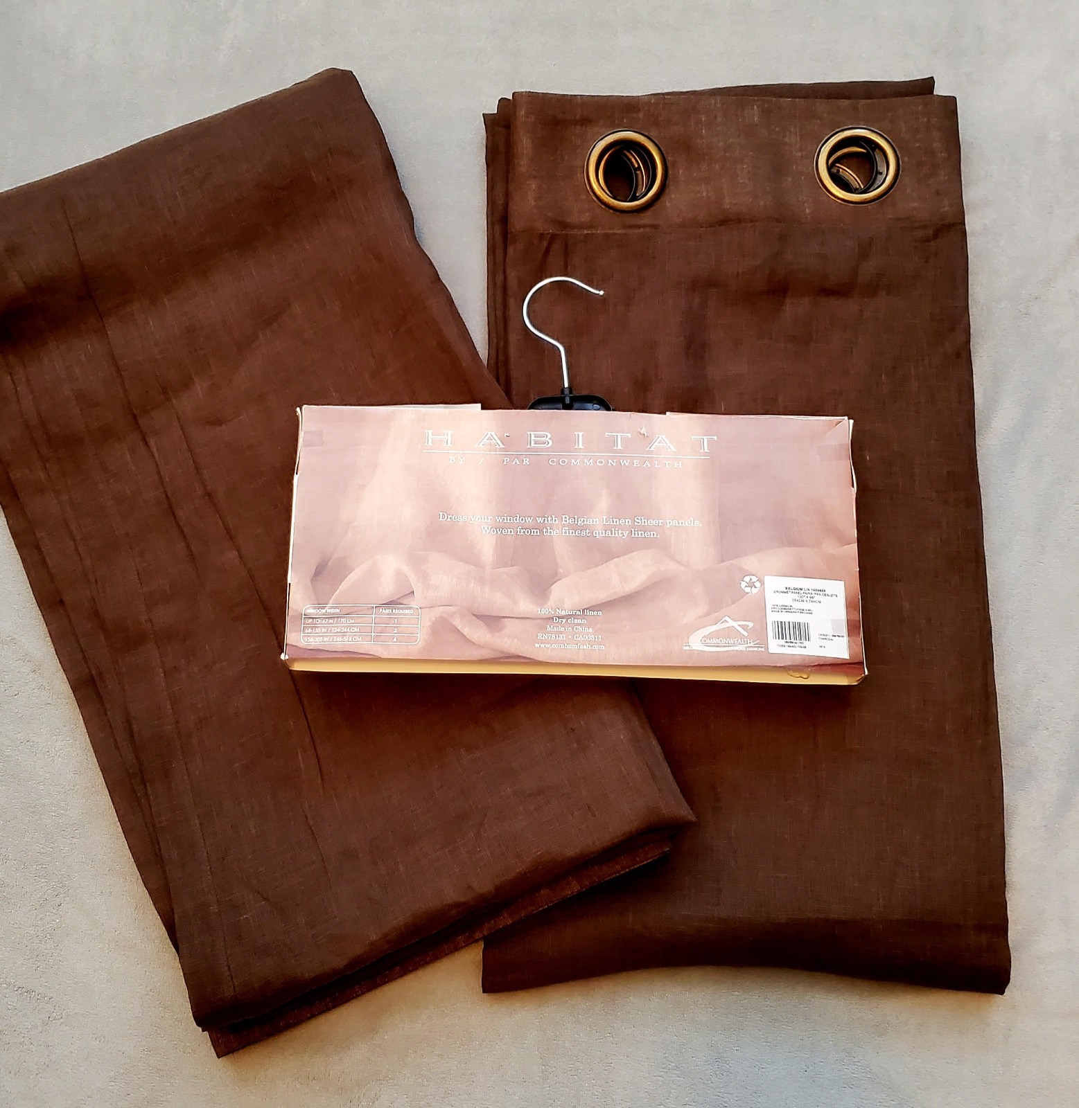 BELGIAN 100% LINEN SHEER CURTAIN PANELS-50″ x 96″-SET OF 2-CHARCOAL BROWN-NEW
