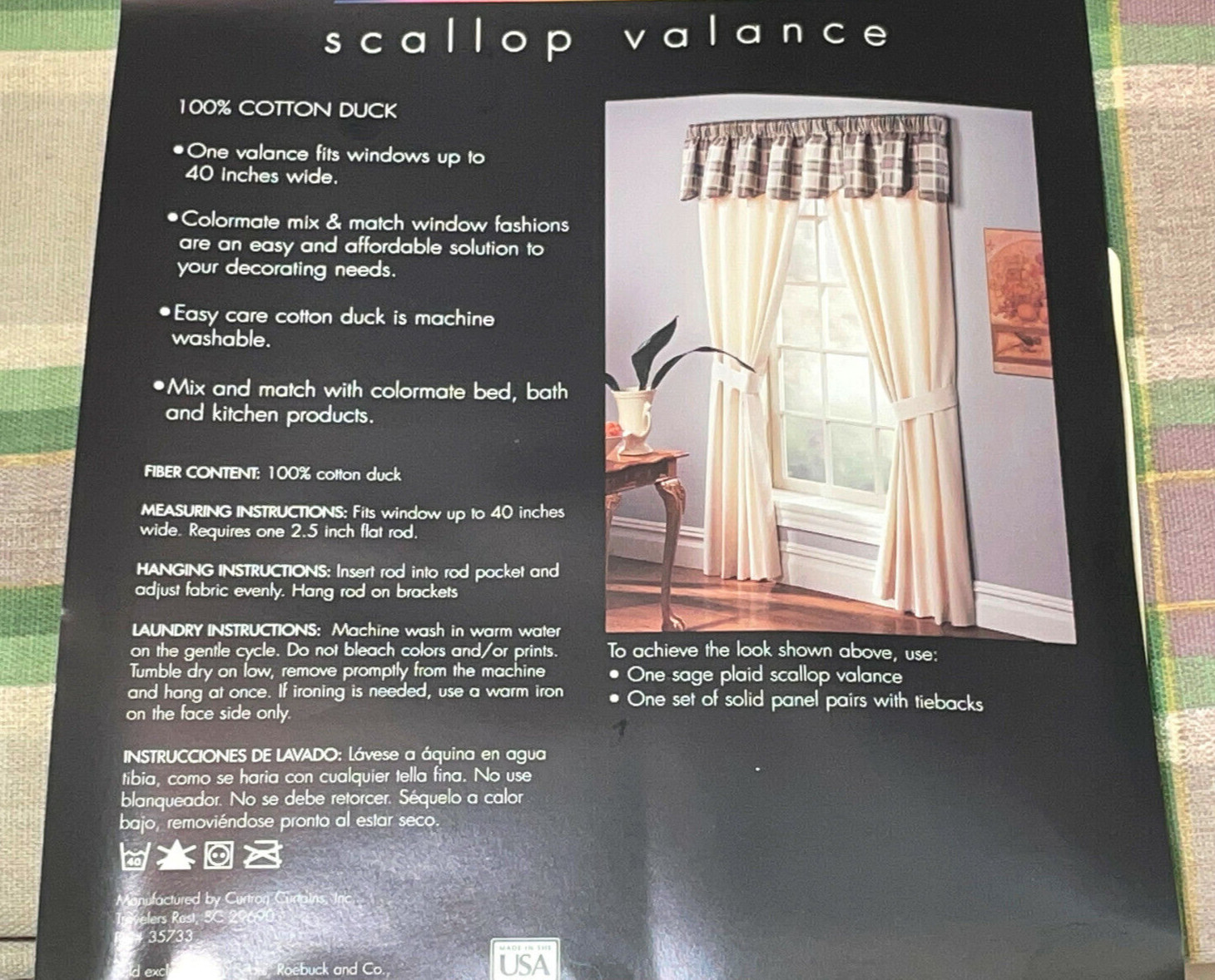 Colormate Valance 52 x 15 Sage Green Plaid Scallop 100% Duck Cotton VTG 2004 USA