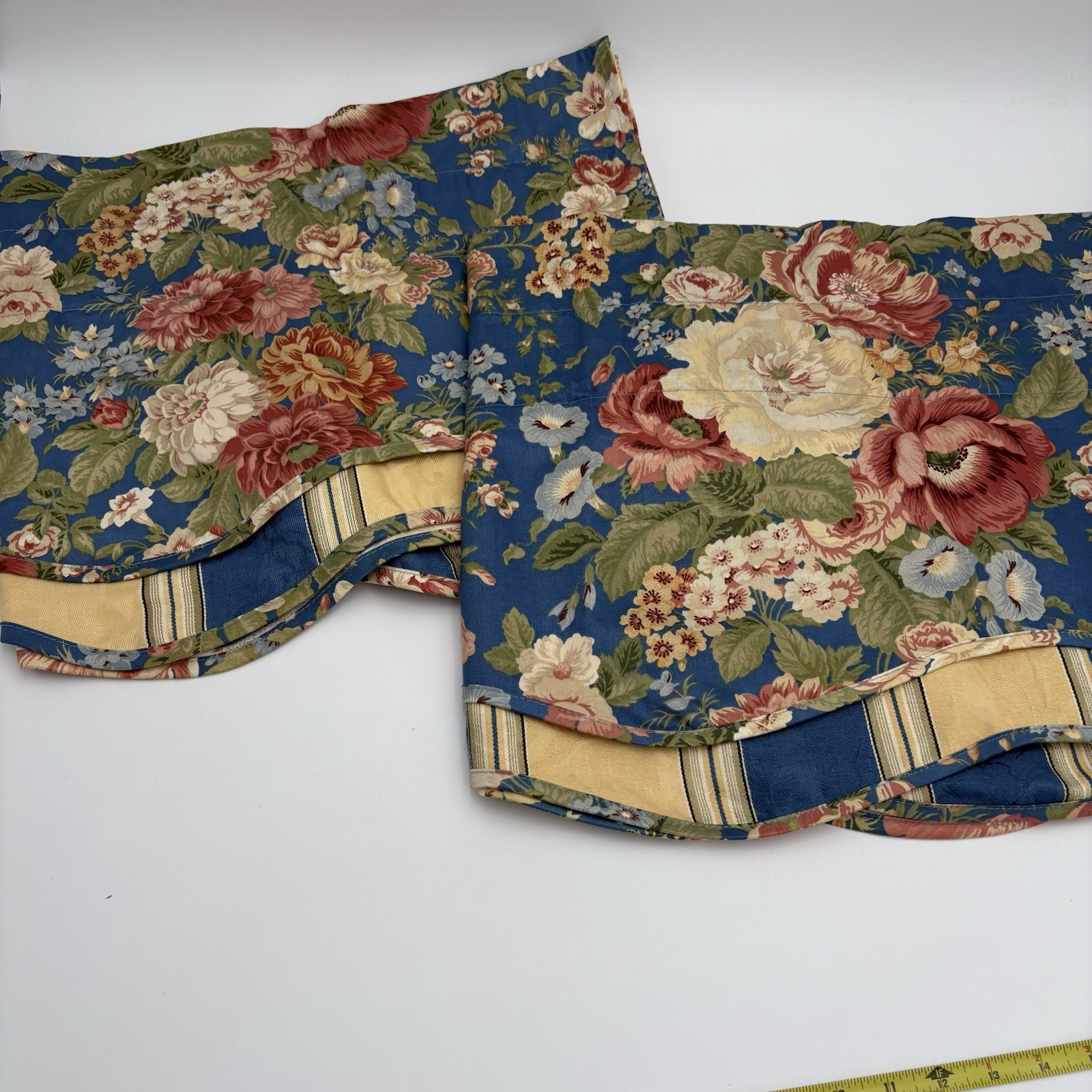 WAVERLY VILLA CARLOTTA Blue Floral Window Valance 2-Tier Stripes 76×15″ Set Of 2