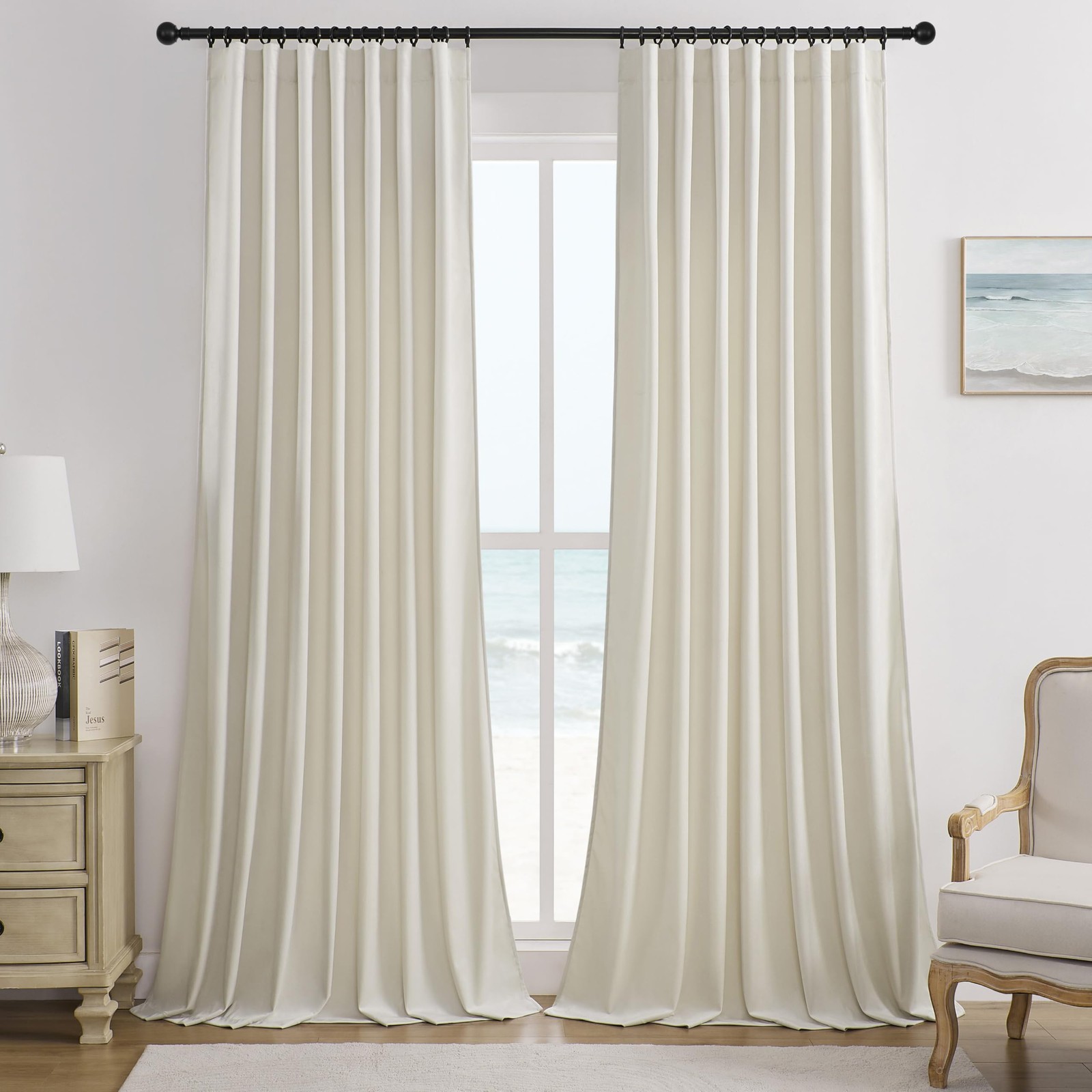 Beige Cream Pleat Back Tab Velvet Curtains W62 x L96 inches 2 Panels, Room Da…