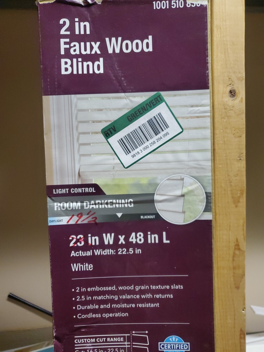 19 1/2″ X 64″ Home Decorators White Cordless 2″ Premium Faux Wood Blind Room Dar