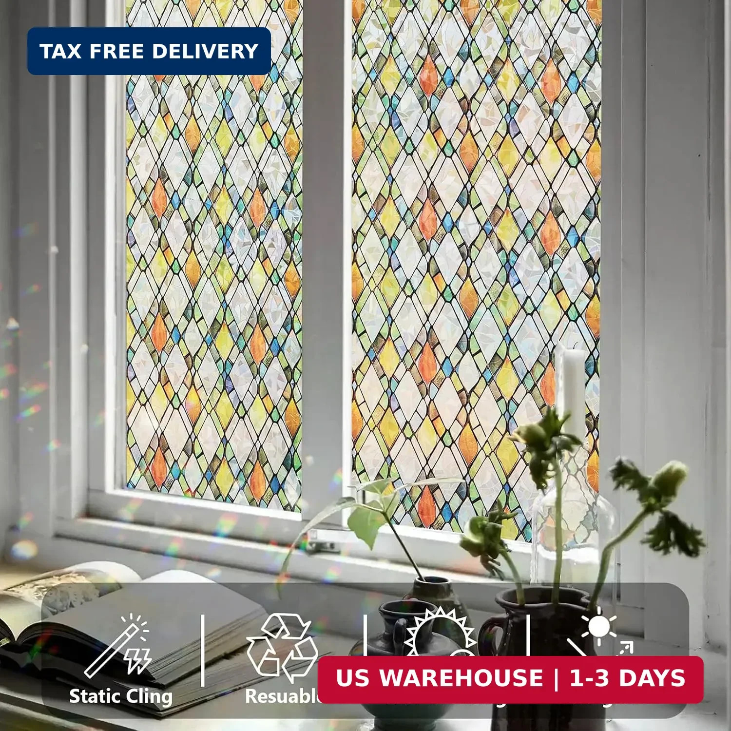 Window Privacy Film Stained Glass 17.5″ x 78.7″ Rainbow | Static cling – no glue