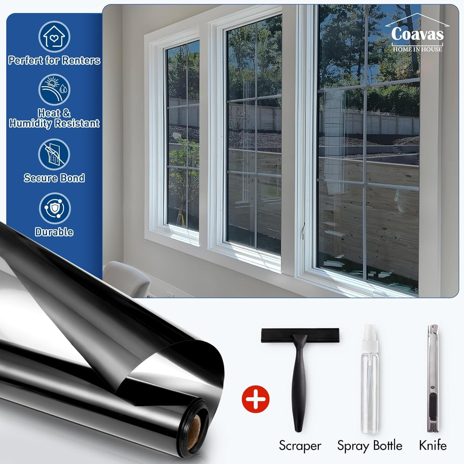One Way Privacy Window Film with 3 Tools, Reflective Window Tint