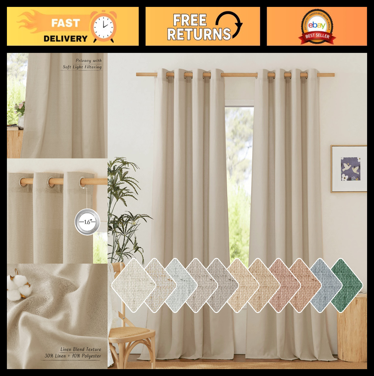 Thick Linen Blend Curtains – Semi Sheer Grommet Drapes for Living Room, 2 Panels