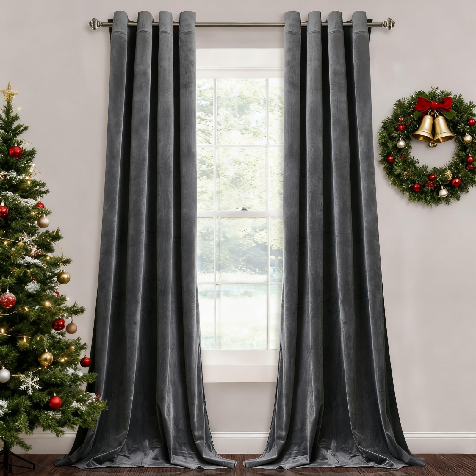 “96” Grey Velvet Blackout Curtains – Thermal Insulated Grommet Drapes, 2 Panels