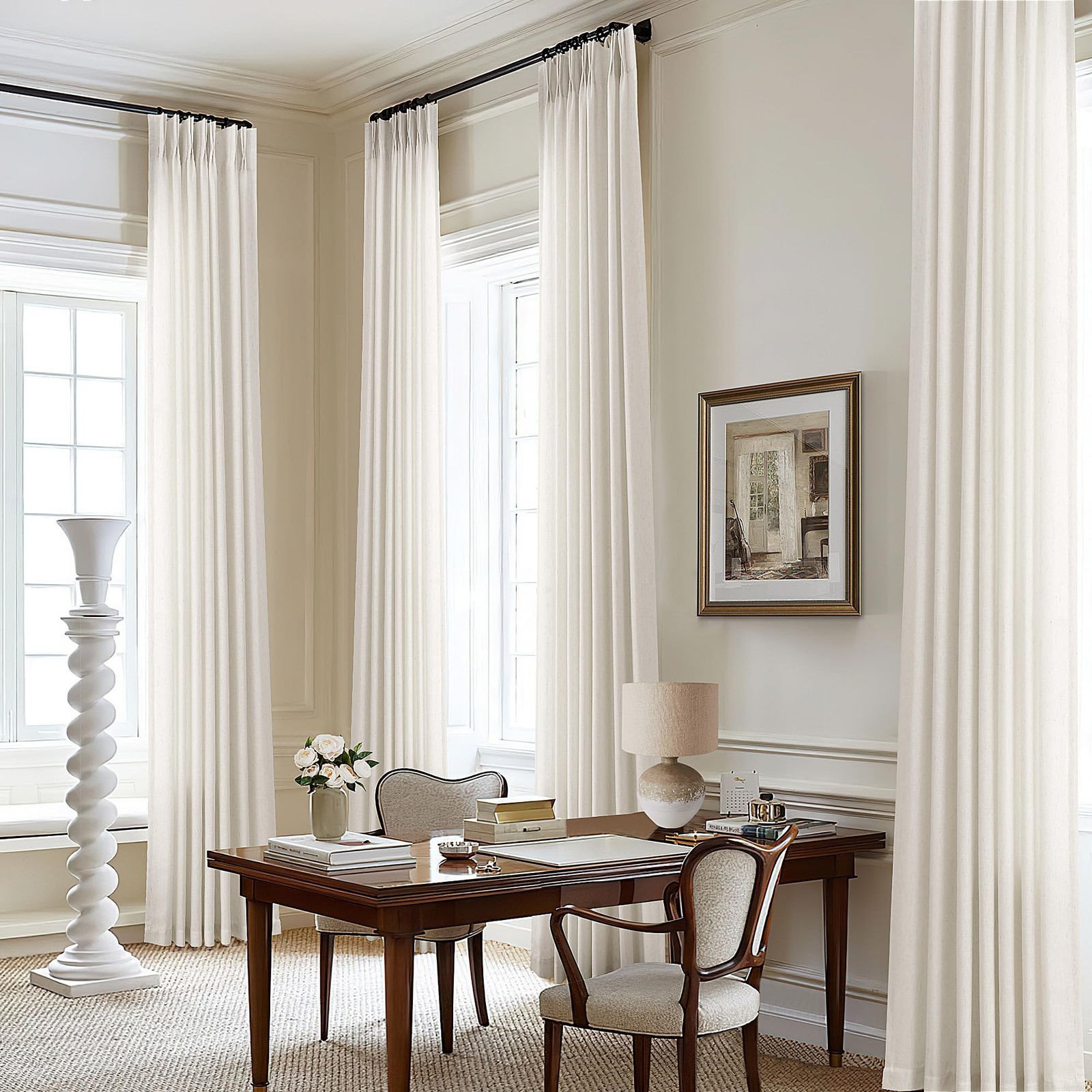 Cream 120 Inch Linen Curtains Pinch Pleated Extra Long Custom Made