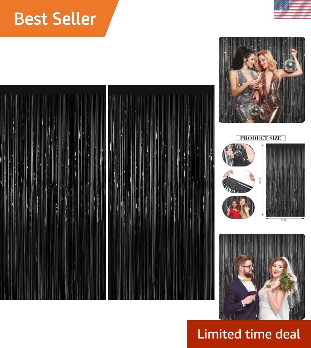 Black Foil Curtain Backdrop 2Pack Black Metallic Tinsel Fringe Curtains Photo…