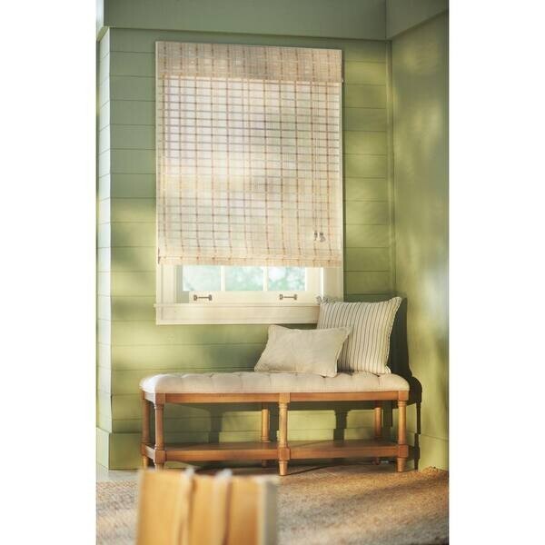 30 in. W x 72 in. L White Washed Reed Weave Bamboo Roman Shade