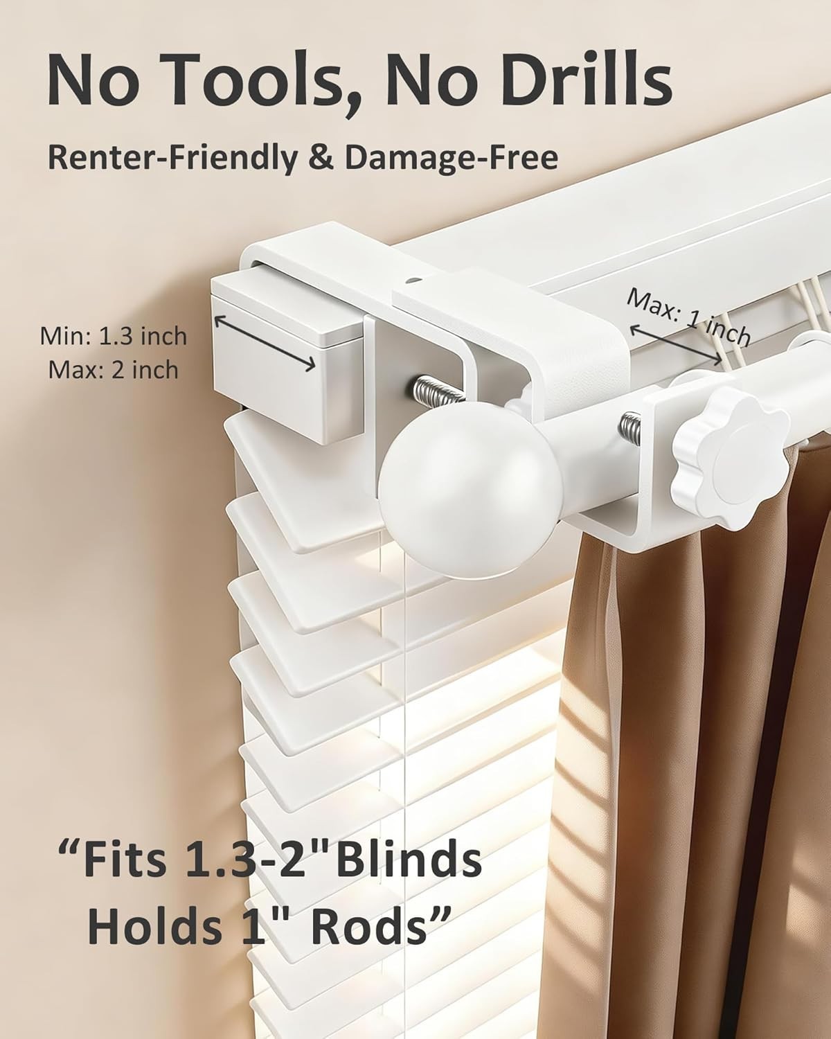 No Drill Curtain Rod Brackets for Outside-Mount Blinds, Tool-Free Holders, 4 Pac