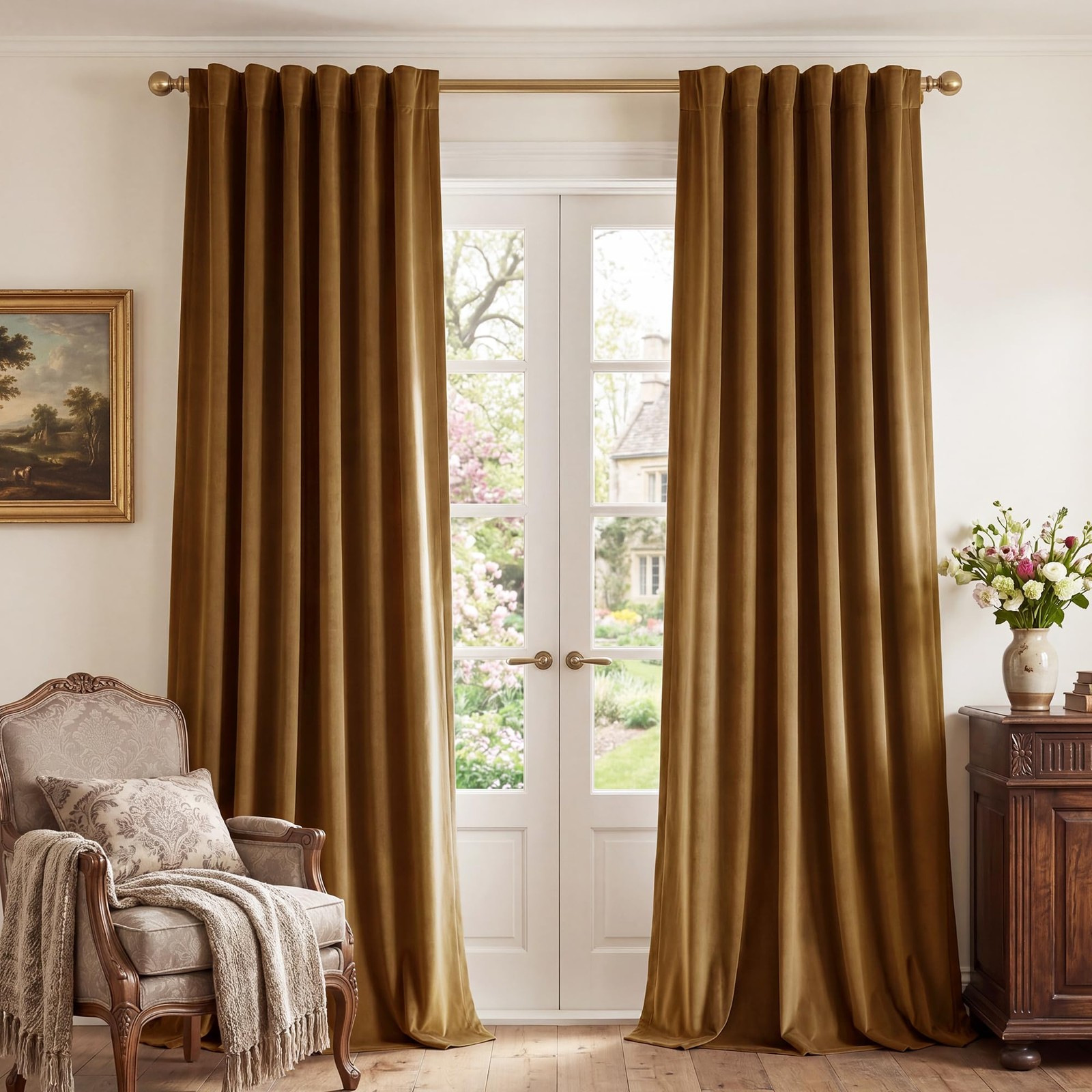 Gold Brown Velvet Curtains 96 inches Long for Living Room, Luxury Back Tab Heavy