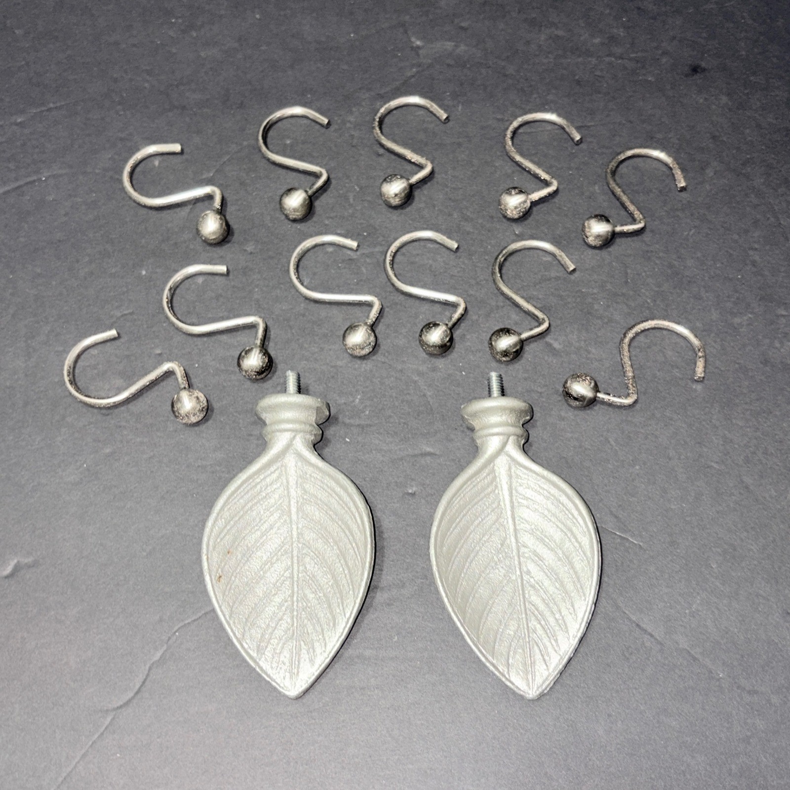 Silver Leaf Curtain Rod Finials and Ball End Shower Hooks Set 11 Piece Silver