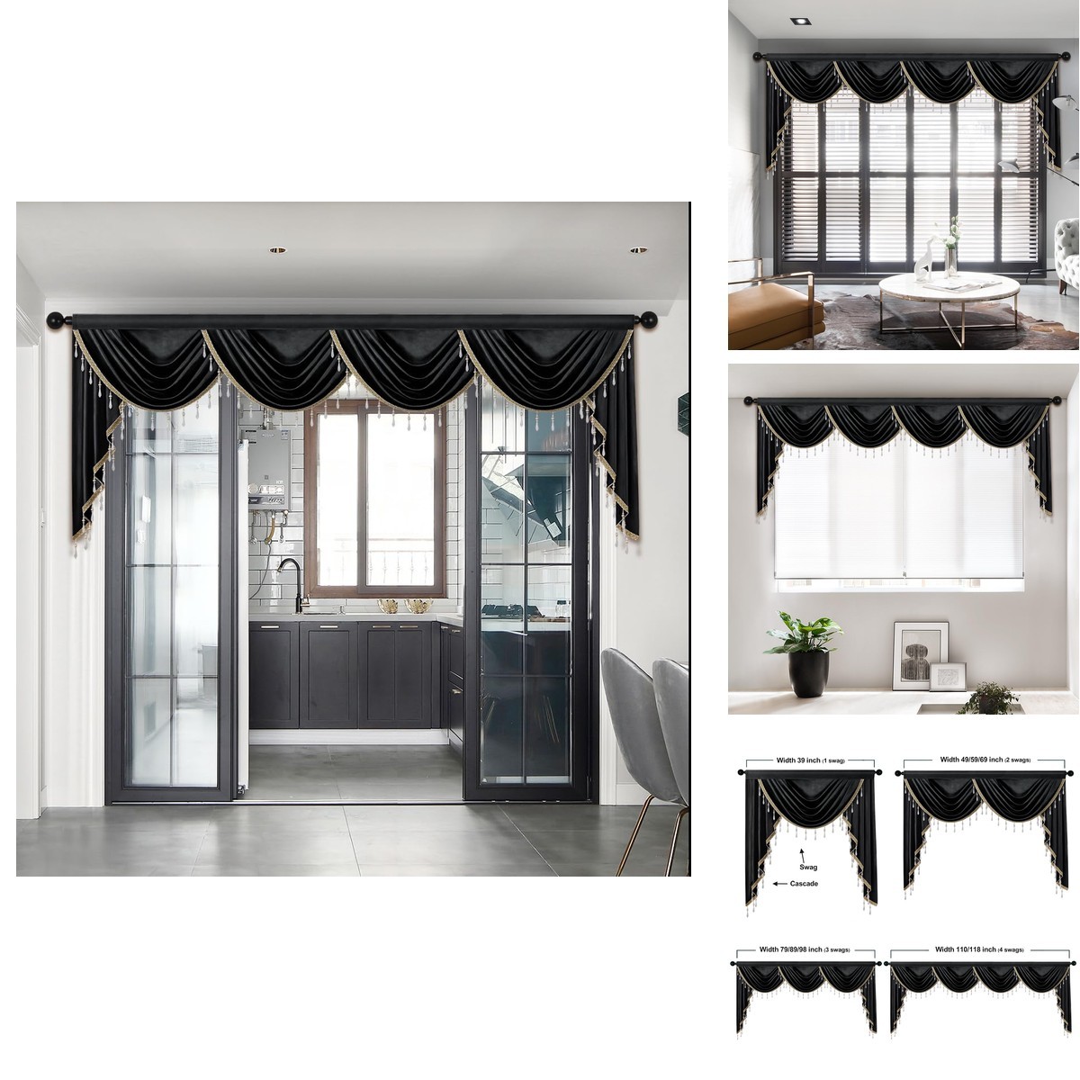 Elkca Luxury Black Velvet Curtain Valances For Living Room Beads118Inch1 Panel