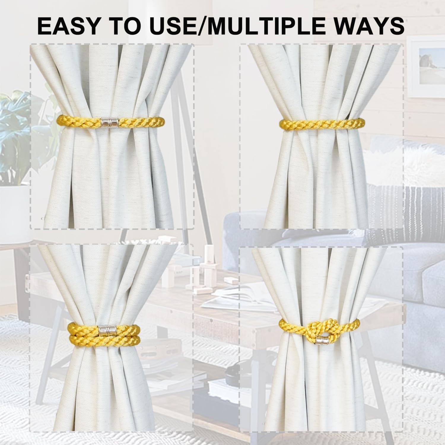 Stylish Gold Curtain Tiebacks, 2pcs Magnetic Holders for Various Curtain Styles
