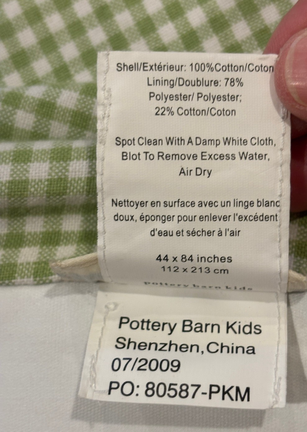 Pottery Barn Kids Lined Cotton Blackout Green Gingham Check Curtain Panel 44×84