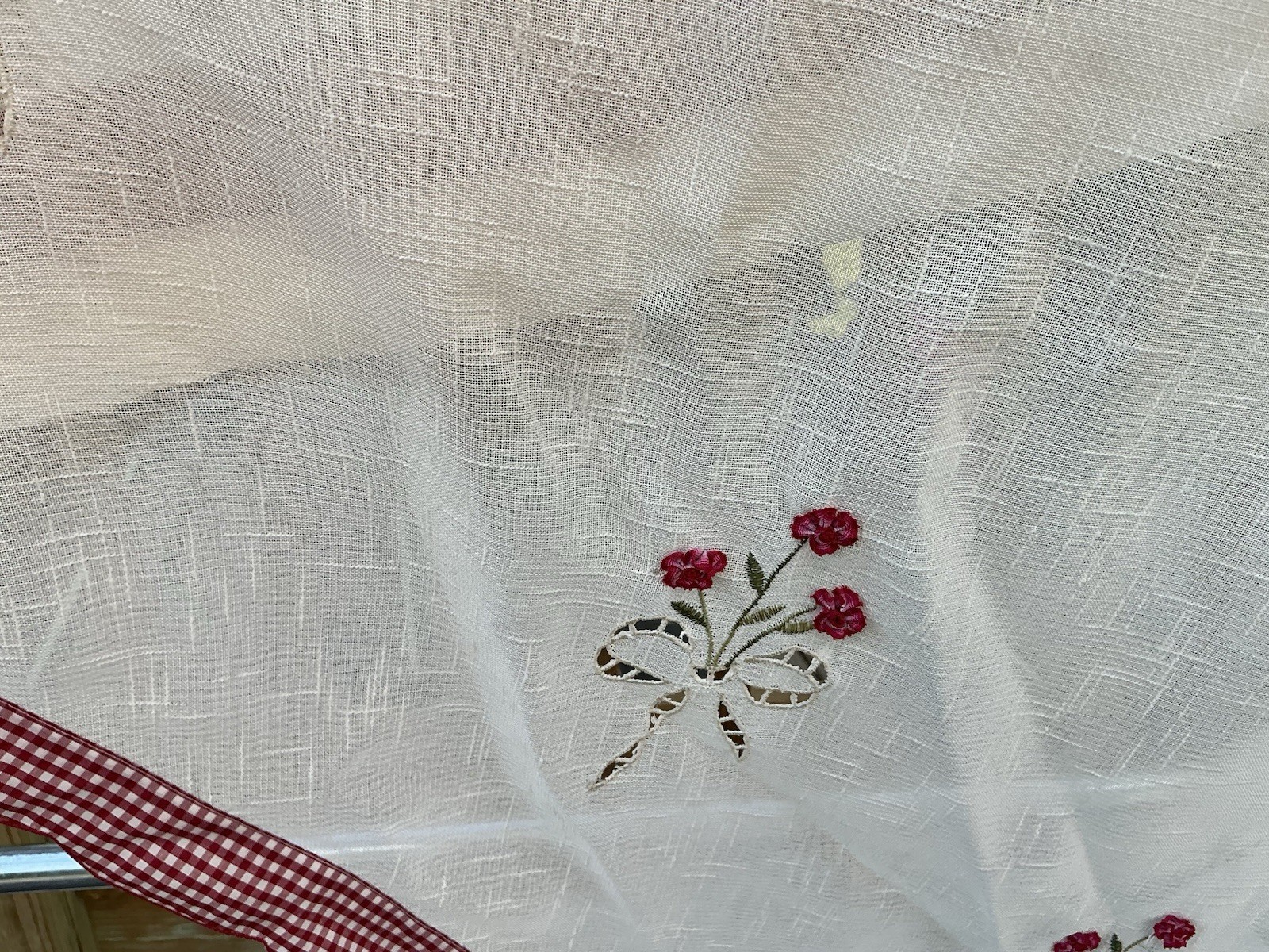 Sheer 3D Floral Red Gingham Check Cottage Core Swag Valance Panels 30×36” A39