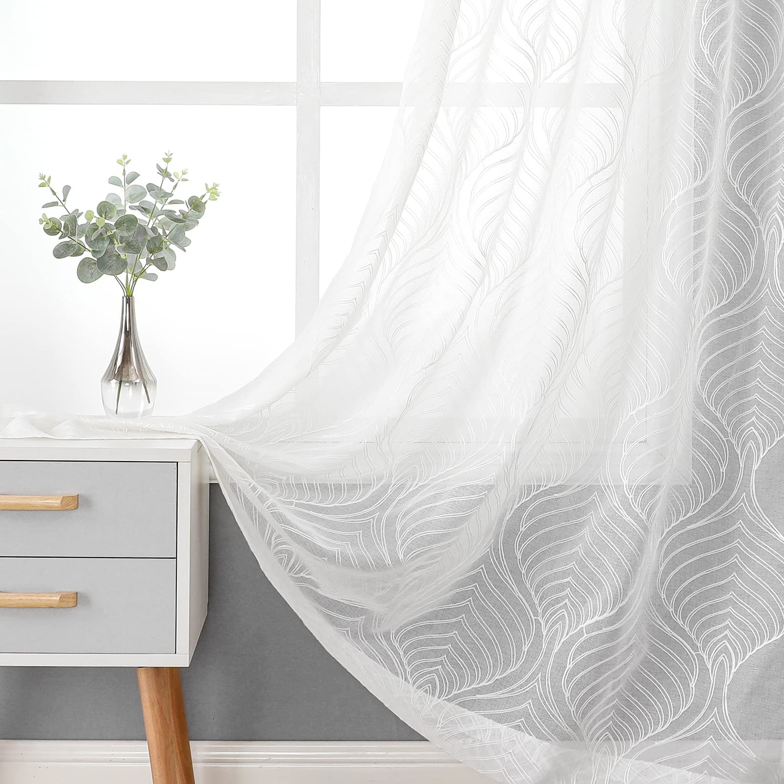 White Sheer Curtains Moroccan Embroidered 54Wx84L Inches