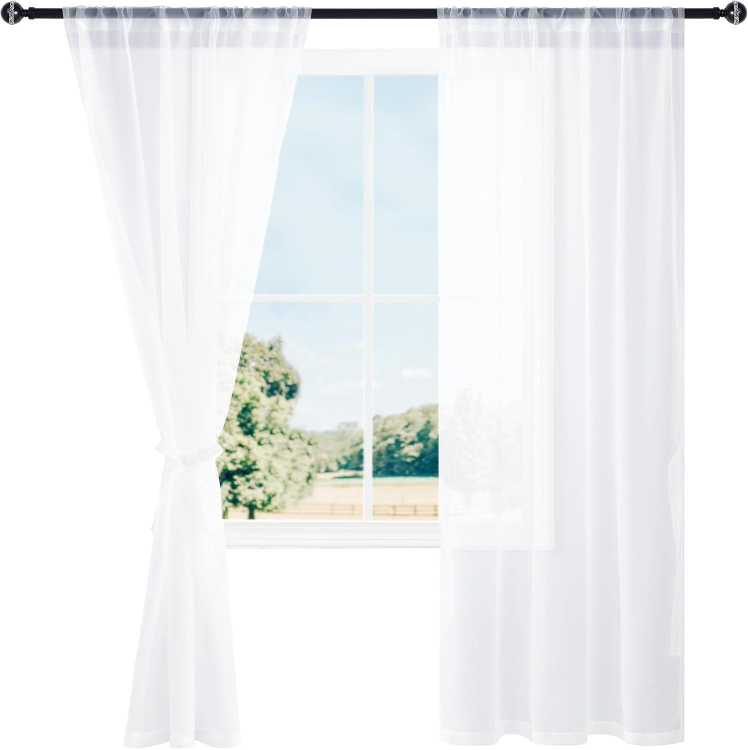 White Sheer Curtains with Tiebacks 2 Panels Lightweight Voile W36 x L72