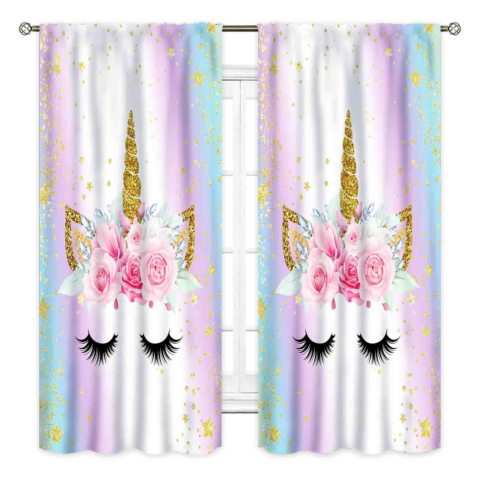 Unicorn Curtains for Girls Bedroom, Ombre Rainbow Pink Gold Princess Unicorn …
