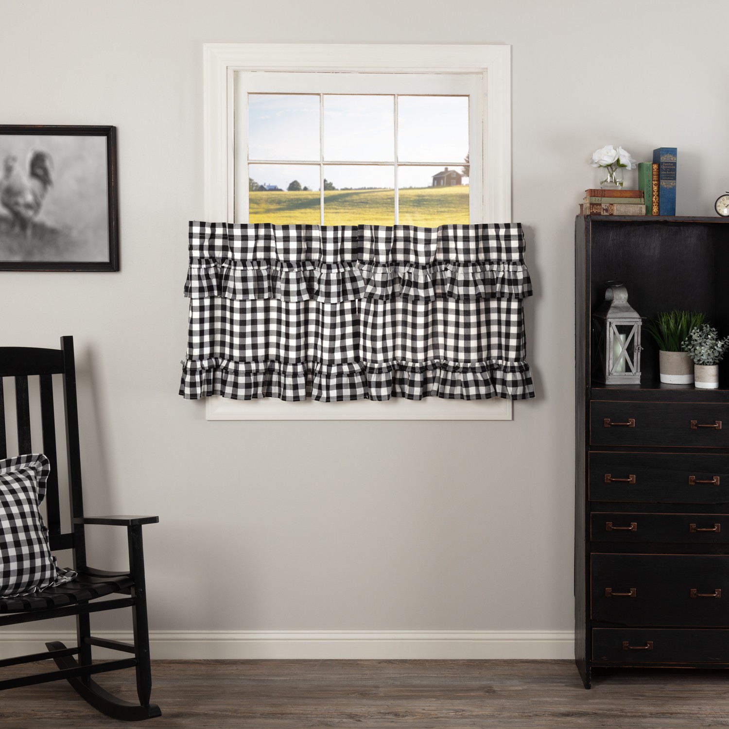 Farmhouse 24″x36″ Tier Pair Black Rod Pocket Kitchen Window Curtains VHC Brands