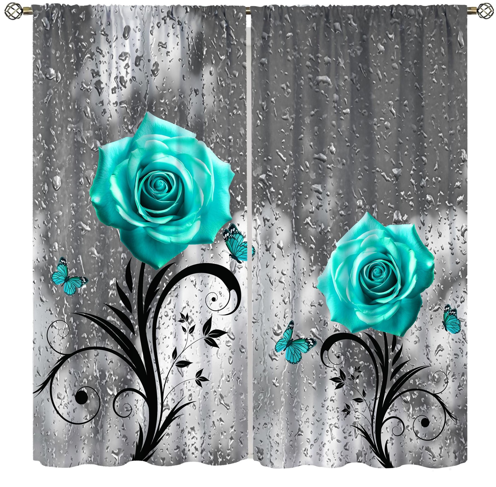 Teal Rose Curtains, Gray Raindrops Misty Glass Landscape Art Plant Flower But…
