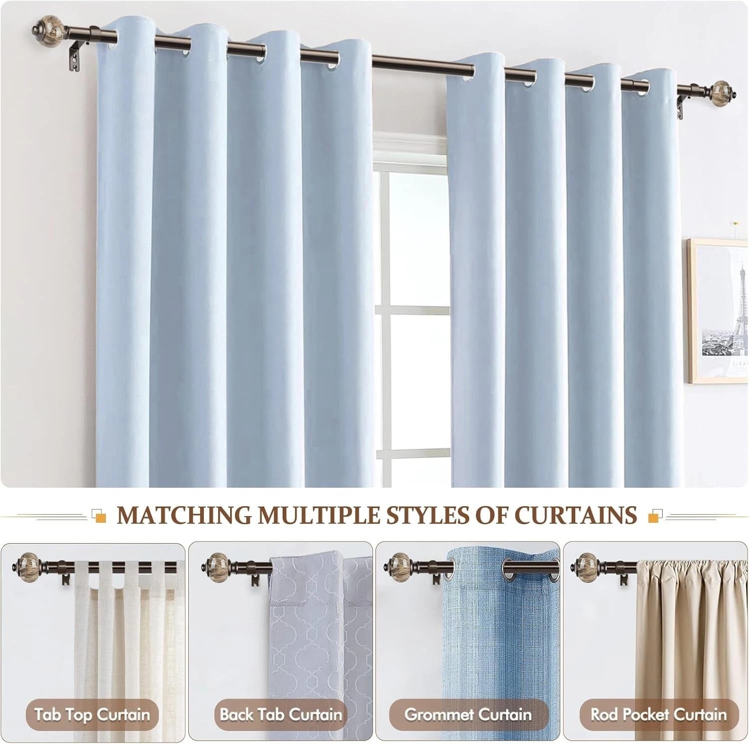 Adjustable 1-Inch Bronze Curtain Rods 72 to 144 Inches with Glam Marbled Finials