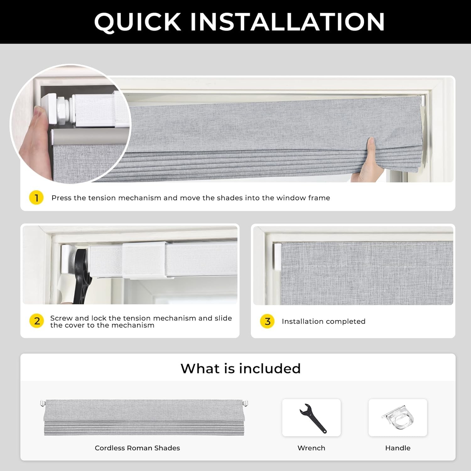 No Drill Top Down Bottom Up Roman Shades for Windows, 34″ W x 64″ H, Grey