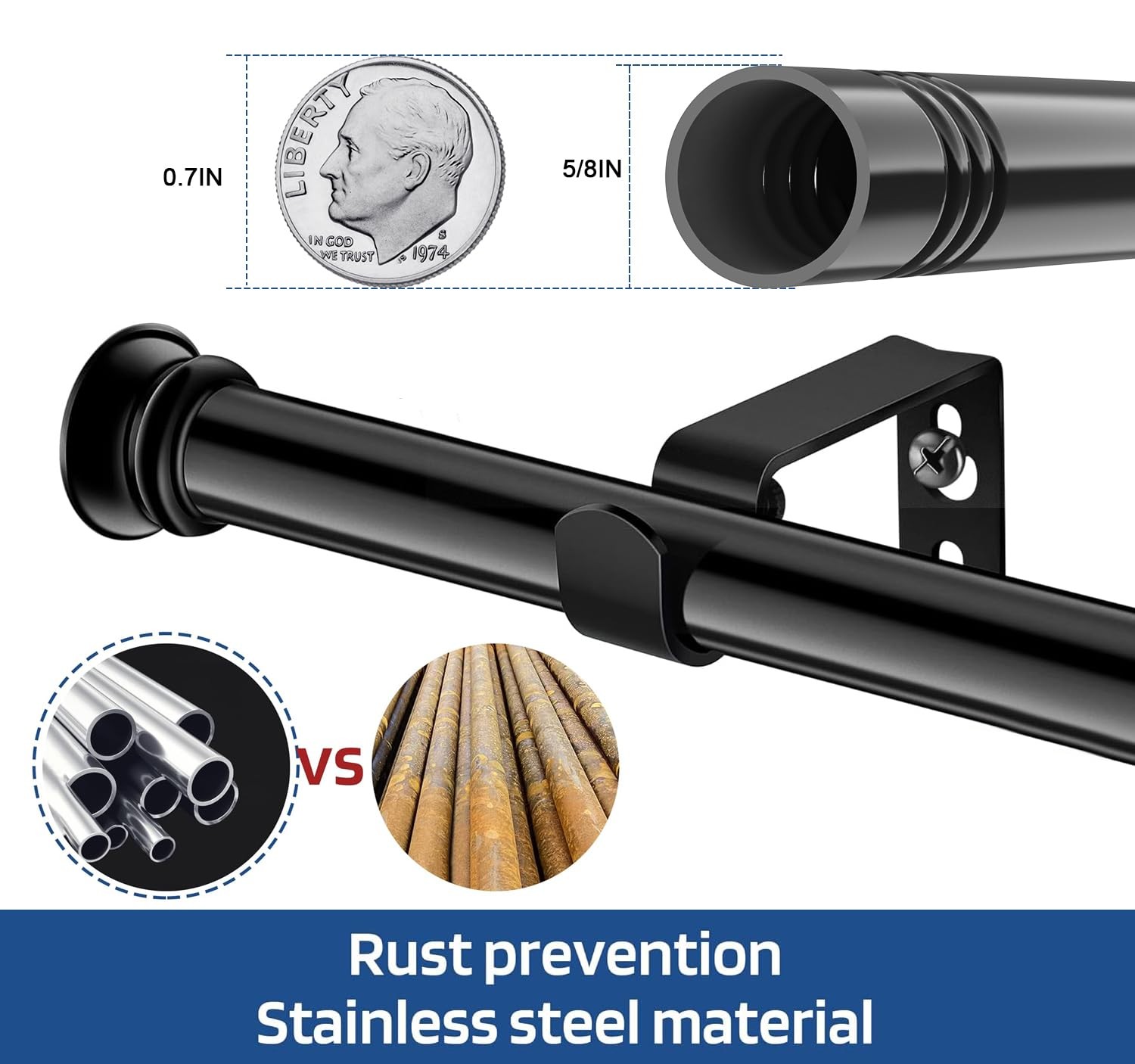 Small Curtain Rods 30 to 45 Inch 5/8 Inch Standard Decorative Black Window