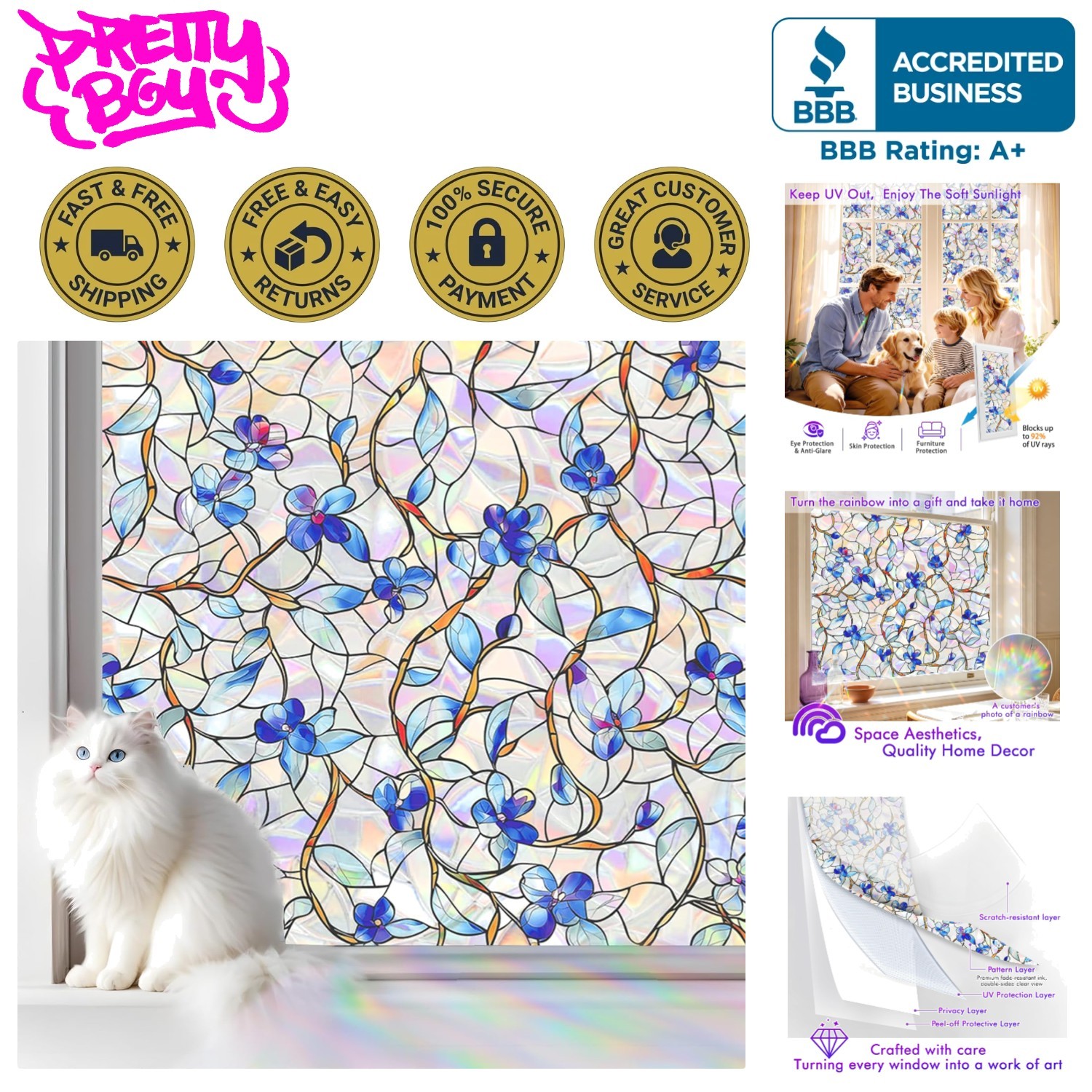 Luxury Rainbow Window Privacy Film: UV Blocking & Heat Control for Homes 78.5″