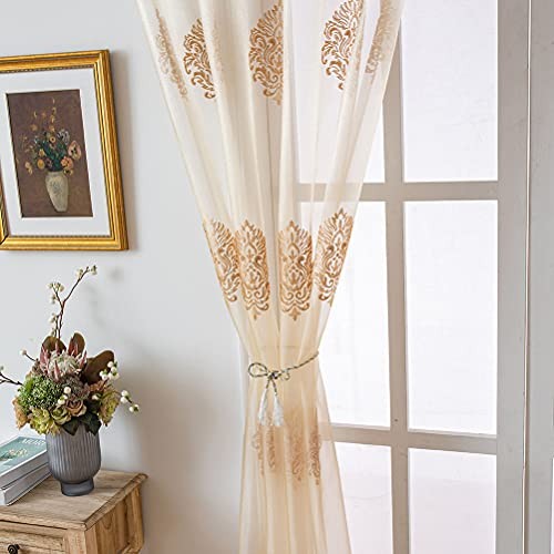 Embroidered Sheer Curtains 52″W x 96″L (Pack of 2) Sheer With Beads-damask