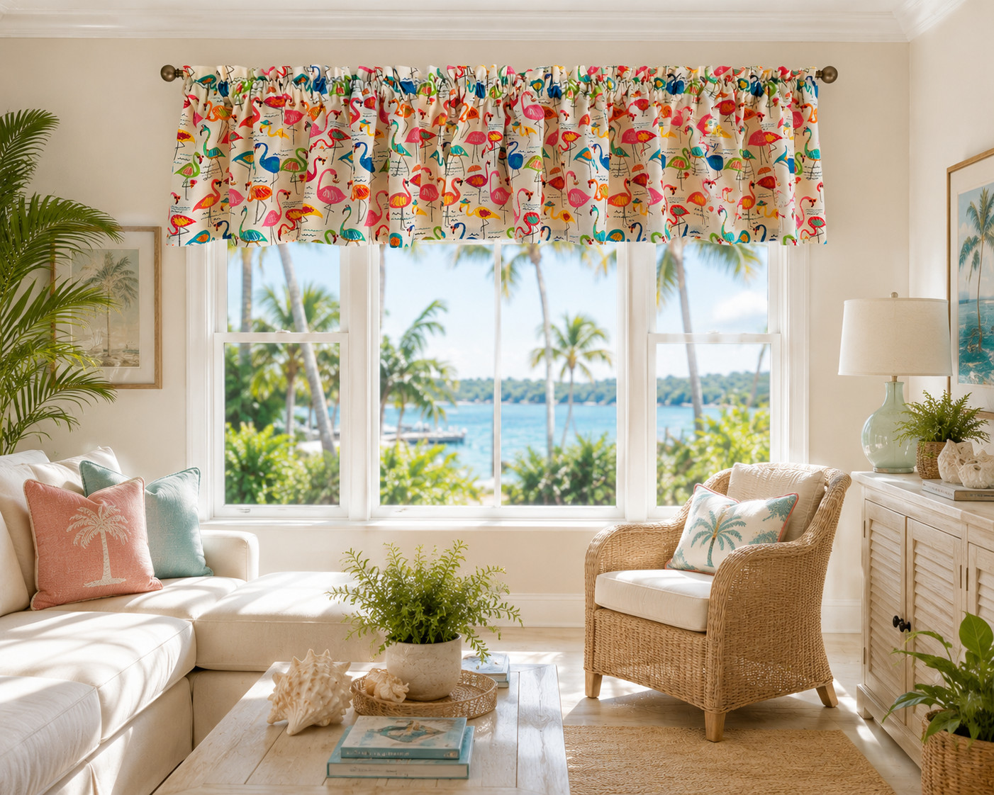 Flamingo Themed Valance, Tropical Coastal Window Treatment, Beach House Decor
