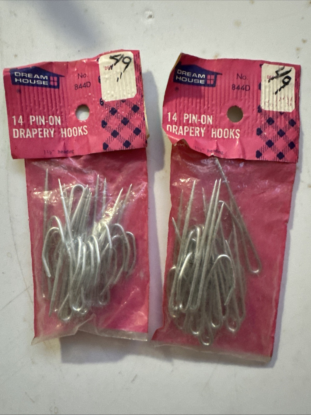 1-1/2 Pin-On Drapery Hooks Qty 14 X 2 Silver, #844D New Old Stock Dream House