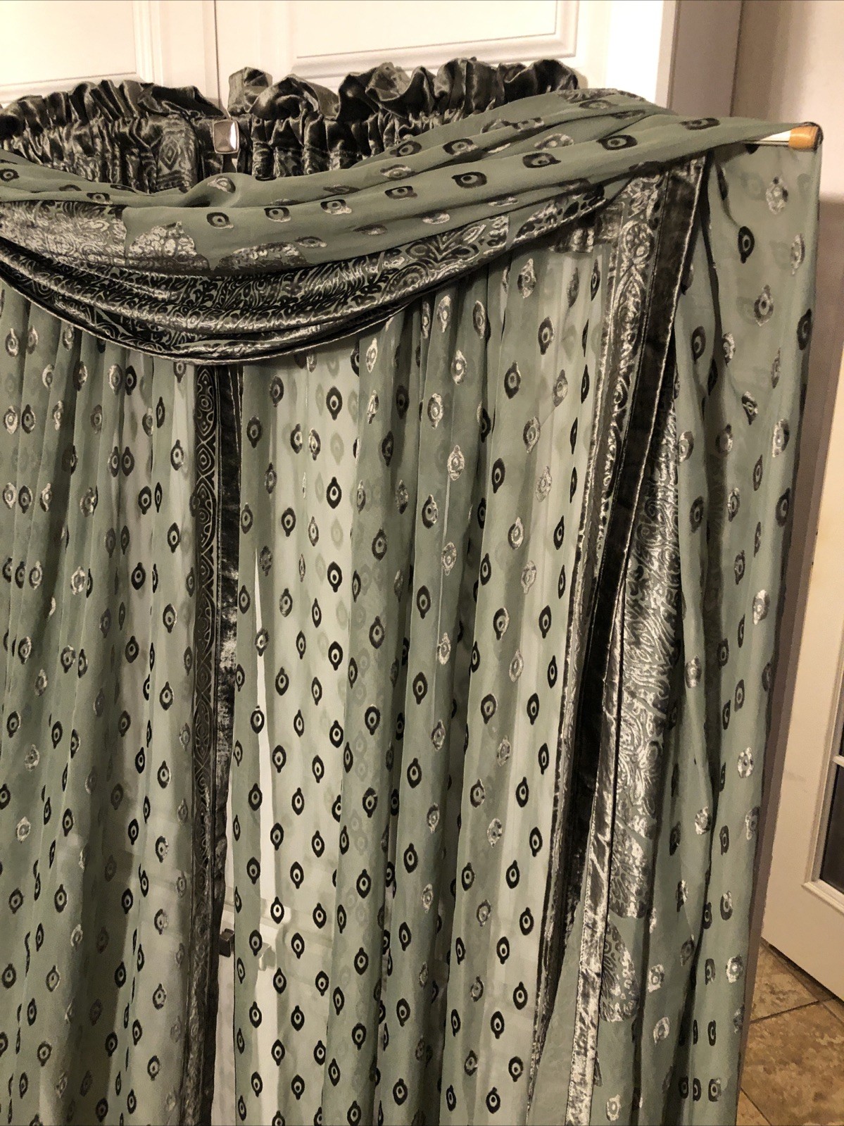 3 Piece Moss Green Semi Sheer Velvet Window Curtain Set -Diamond Pattern