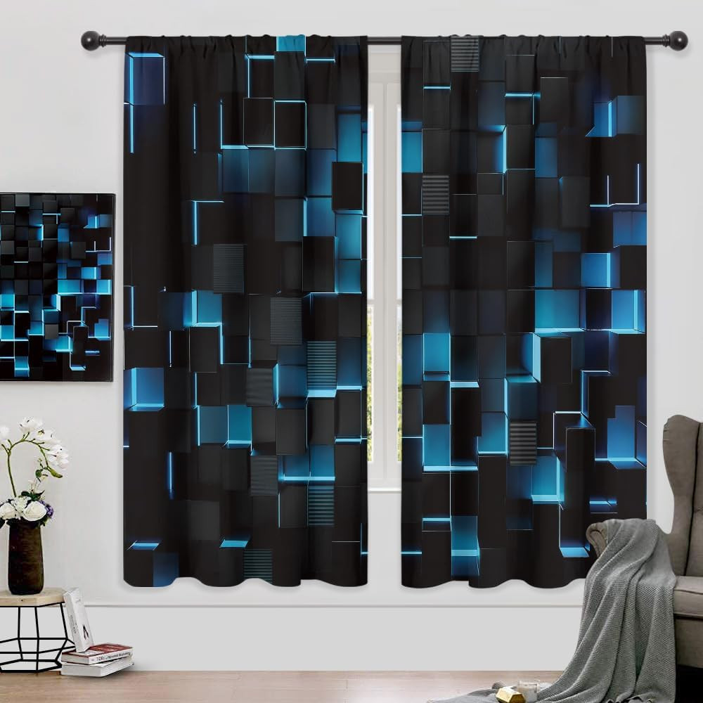 Black Navy Blue Wall Curtains Abstract Brick Modern 3D Gradient Design Futuristi